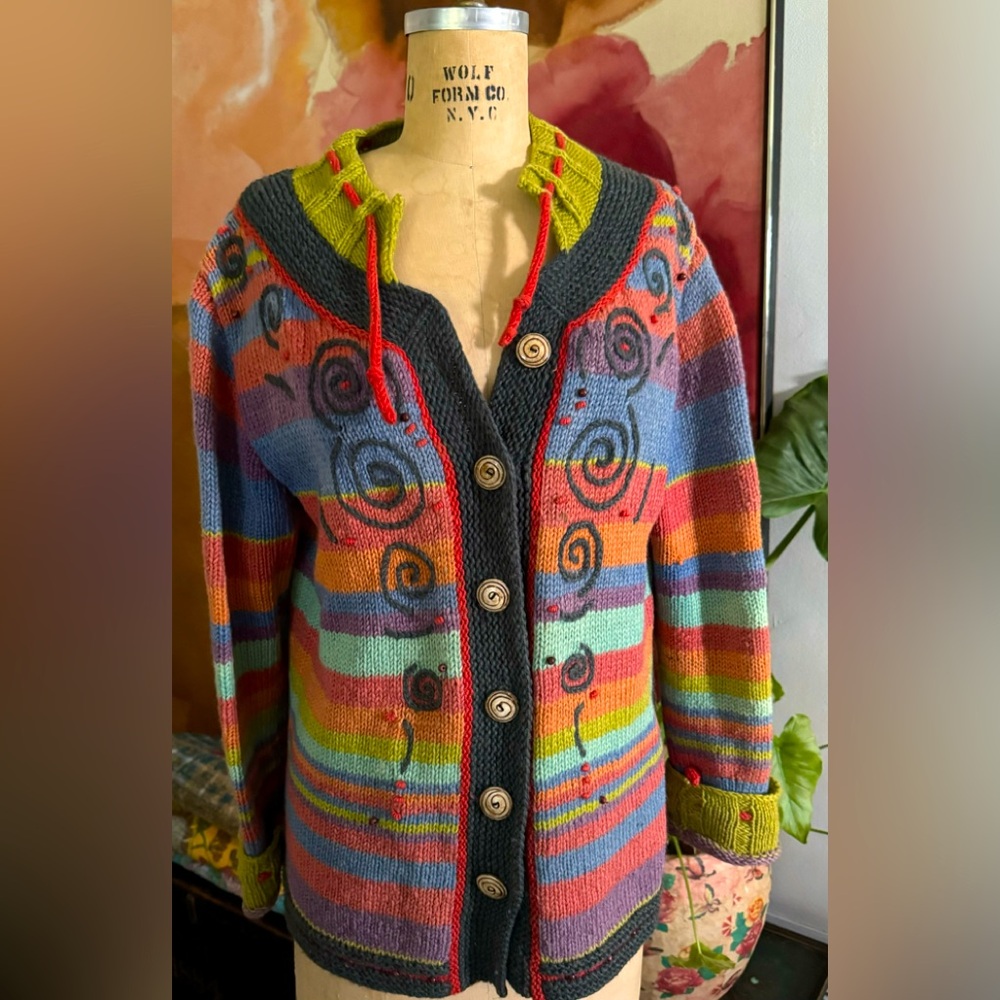 NEWARI hand knit in Nepal MOD BOHO wool sweater,colorful, fun.Cozy